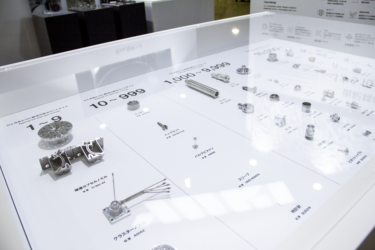 展示会で展示された由紀精密の切削加工部品