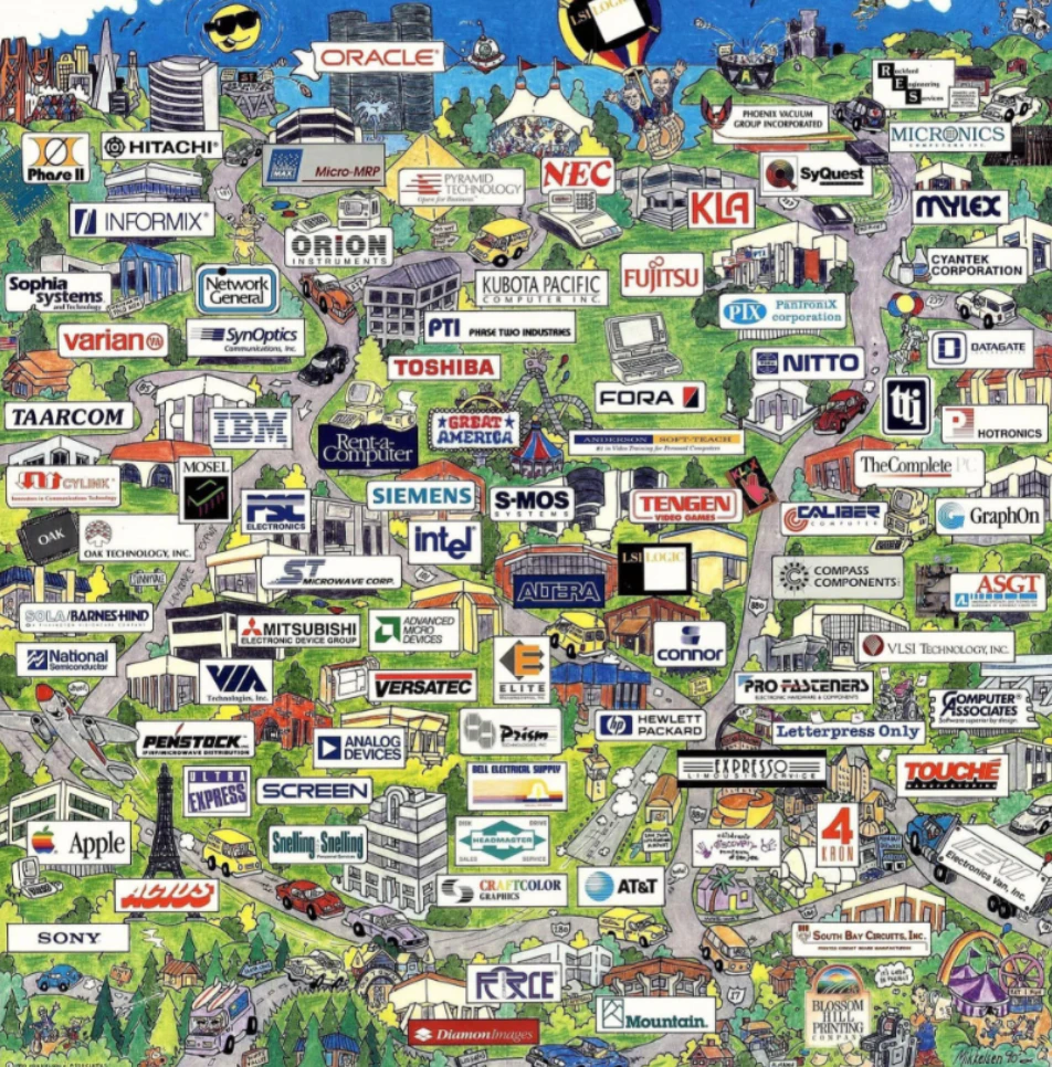 1990年当時のシリコンバレー企業を描いたイラストマップ